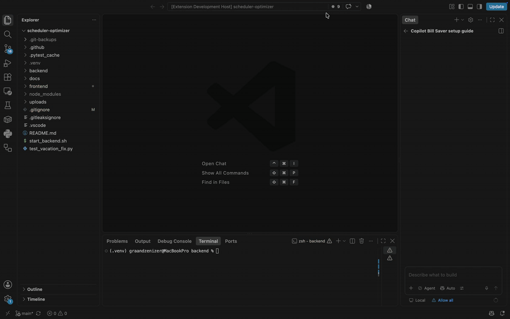 Copilot Bill Saver setup: configure the extension and connect it to a running app